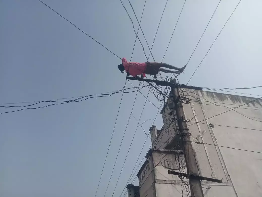 కరెంటు  స్తంభం తీగలపై వెంకన్న విన్యాసం