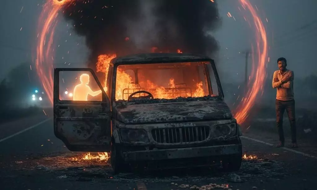 కళ్లెదుటే కాలిబూడిదైన బొలెరో డ్రైవర్! కళ్లెదుటే కాలిబూడిదైన బొలెరో డ్రైవర్!